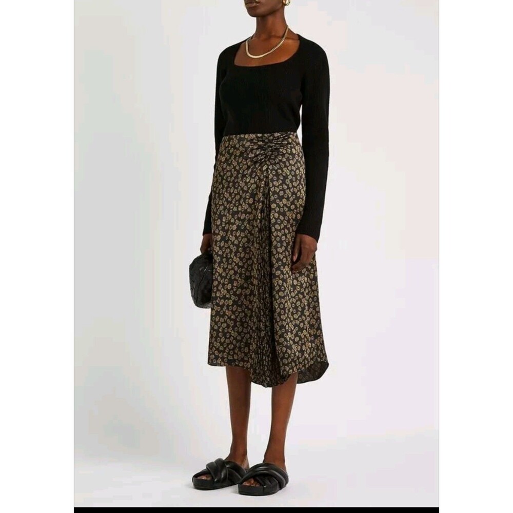VINCE Zinnia Floral-Print Satin Midi Ruched Pleated Detail Asymmetric Skirt 10 L